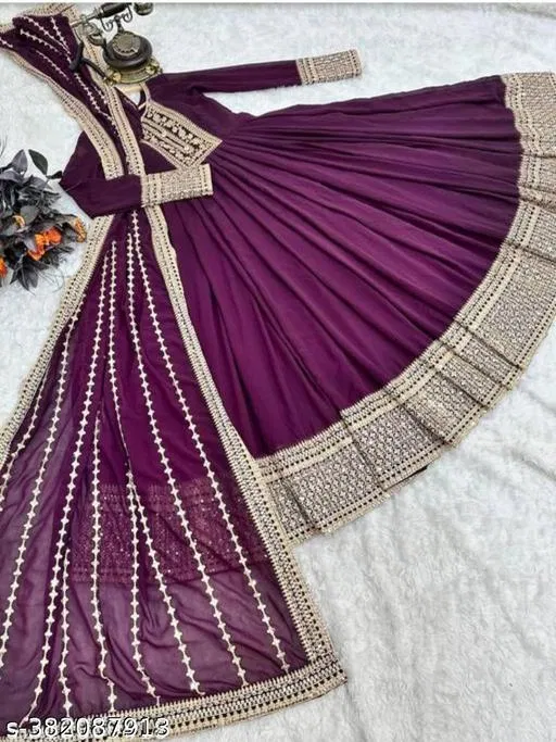 Elegant Georgette Gown for Women (Purple, L)