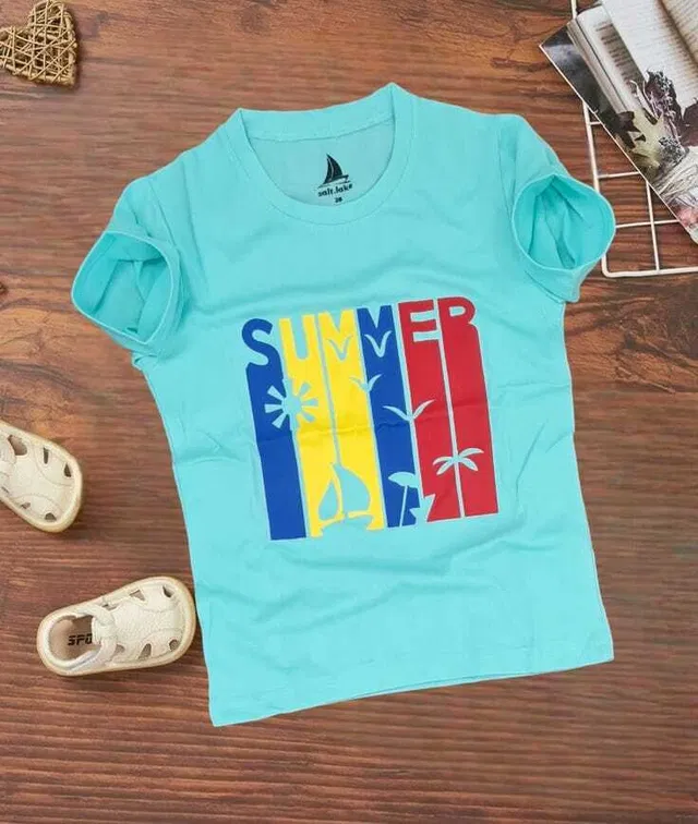 Cotton Printed Round Neck T-Shirt for Kids (Aqua Blue, 8-9 Years)