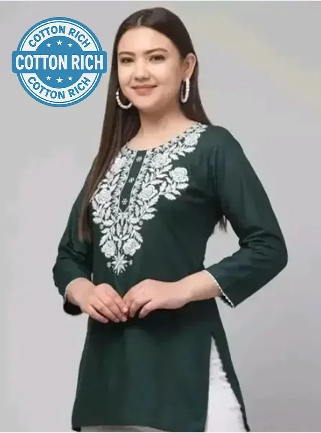 Cotton Embroidered Short Kurti for Women (Green, L)