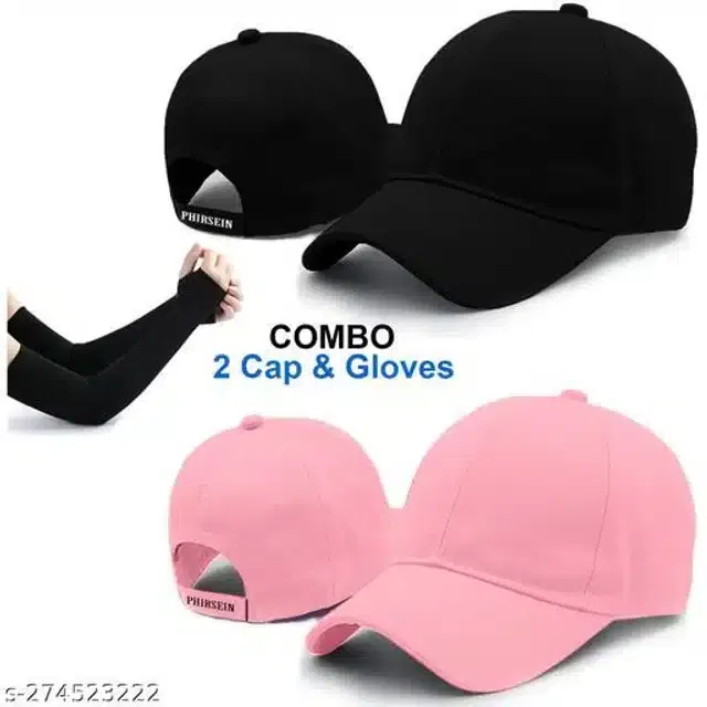 Cotton Caps & Arm Sleeves for Men & Women (Black & Pink, Set of 3)