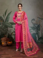 Cotton Blend Printed Kurti With Pant & Dupatta for Women, Pink 