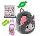 Combo of Fabric School Bag, Water Bottle with All in One Book for Kids (Multicolor, Set of 3)