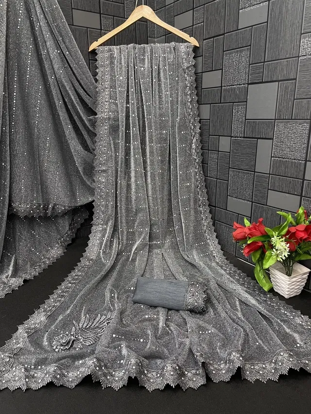 Lycra Blend Solid Saree for Women, Grey (6.3 m)