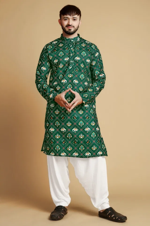 Cotton Blend Self-Design Kurta for Men, Bottle Green (XXL)