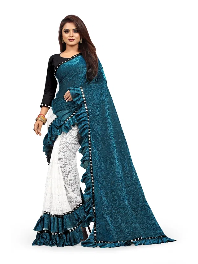 Lycra Blend Embellished Saree for Women (Teal & White, 6.3 m)