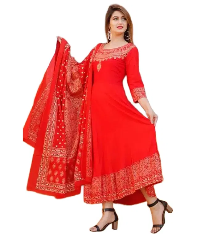 Mulmul Printed Kurti with Dupatta for Women (Red, XXL)
