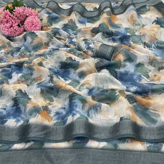 Linen Printed Saree for Women, Multicolor (6.3 m)