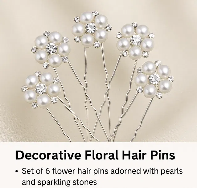 Metal Pearl & Stone Floral Hair Pins for Women (Silver, Pack of 6)