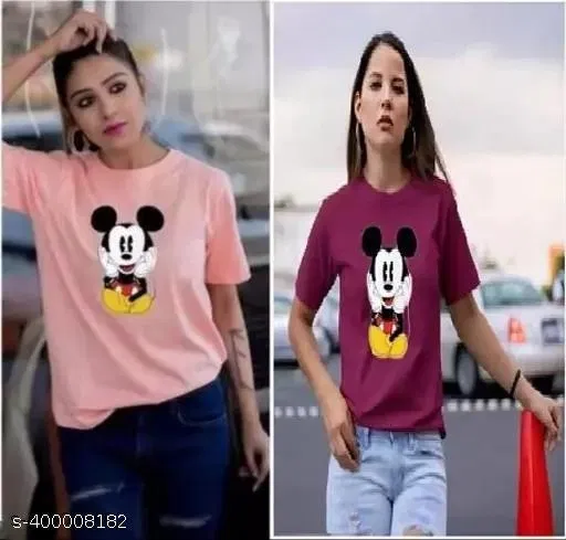Cotton Blend Printed T-Shirt for Women, Pink & Maroon, Pack of 2 (L)