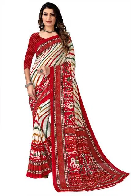 Kanooda Prints Georgette Women Saree With Un-stitched Blouse (Red) (KP-108)