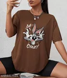Cotton Blend Printed T-shirt for Women, Brown 