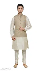 Dupion Silk Solid Kurta with Pyjama & Jacket for Men 