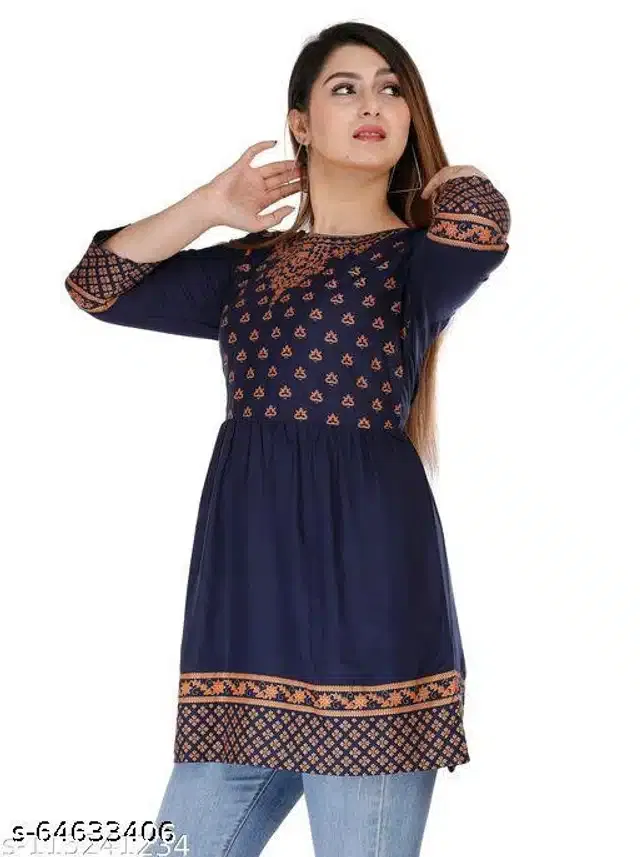 Rayon Solid Kurti for Women (Navy Blue, XL)