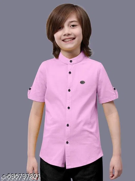 Solid Cotton Blend Mandarin Neck Short Sleeves Shirt for Boys (Pink, 2-3 Years)