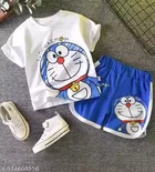 Doremon Print Art SilK Clothing Set for Kids ,Blue & White 