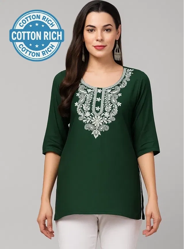 Cotton Embroidered Short Kurti for Women (Green, M)