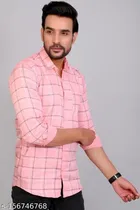 Cotton Blend Checked Shirt for Men, Pink 