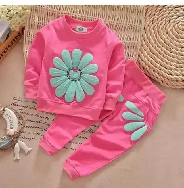 Full Sleeves Printed Top & Bottom Set for Kids (Pink, 18-24 Months)