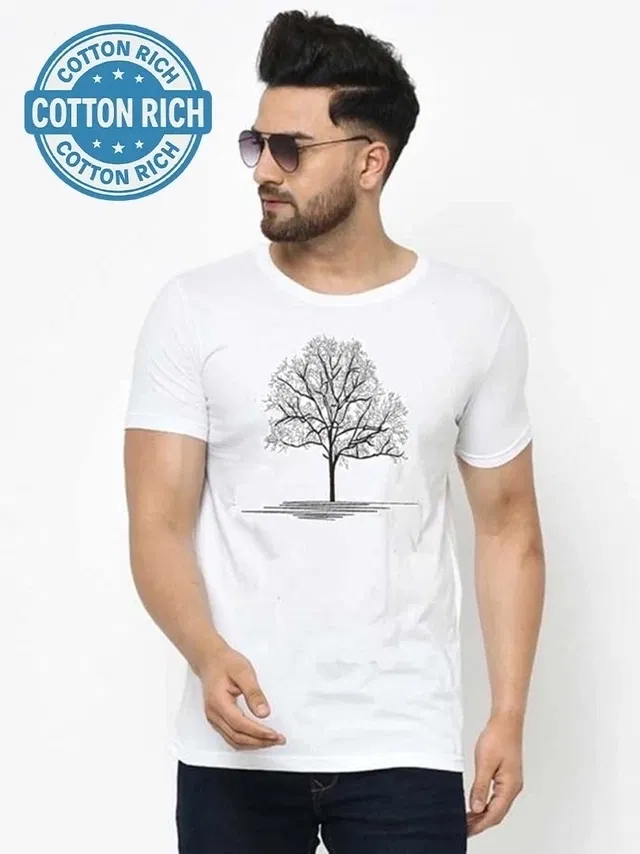 Round Neck Printed T-Shirt for Men (White, L)