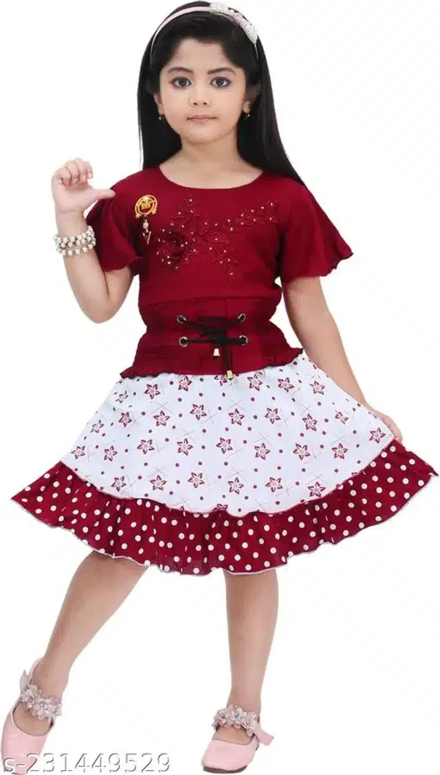 Cotton Frock for Girls (Maroon & White, 6-7 Years)
