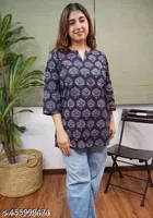 Cotton Printed Short Kurti for Women, Blue 