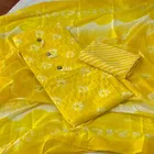 100% Cotton Yellow Batic with Katha work Unstitched Suit (Yellow, Free size)