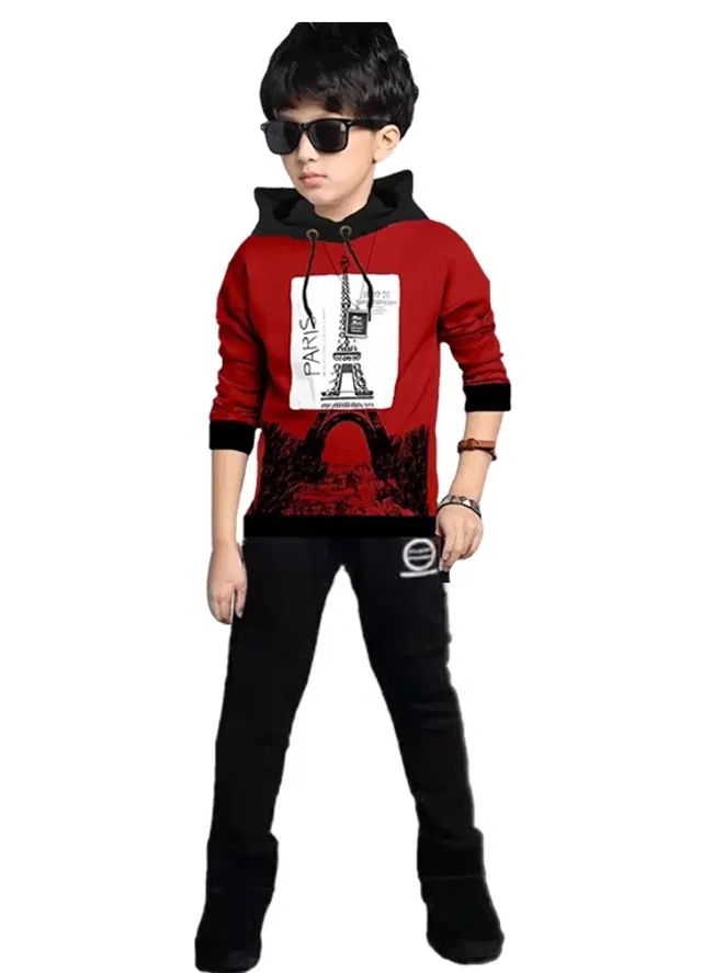 Cotton Blend Clothing Set for Boys (Maroon & Black, 6-7 Years)