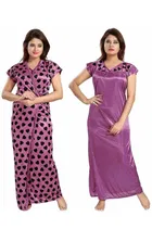Satin Printed Nightdress for Women (Purple, M)