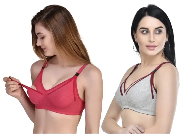 Cotton Blend Solid Non Padded Feeding Bras for Women (Multicolor, 40) (Pack of 2)