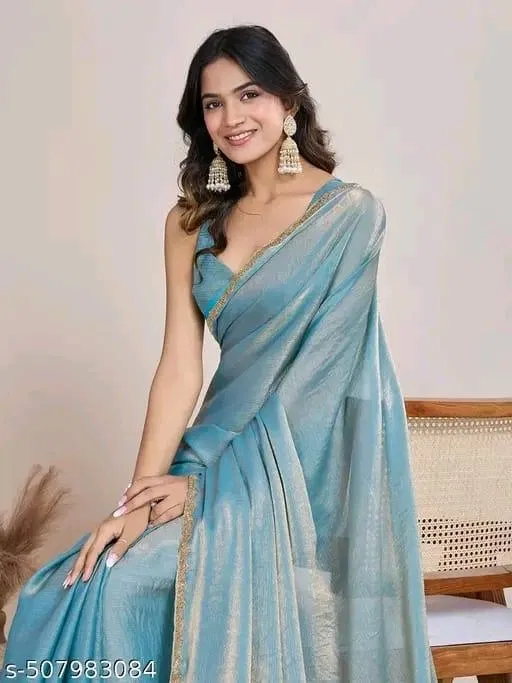Satin Solid Saree for Women, Sky Blue (6.3 m)