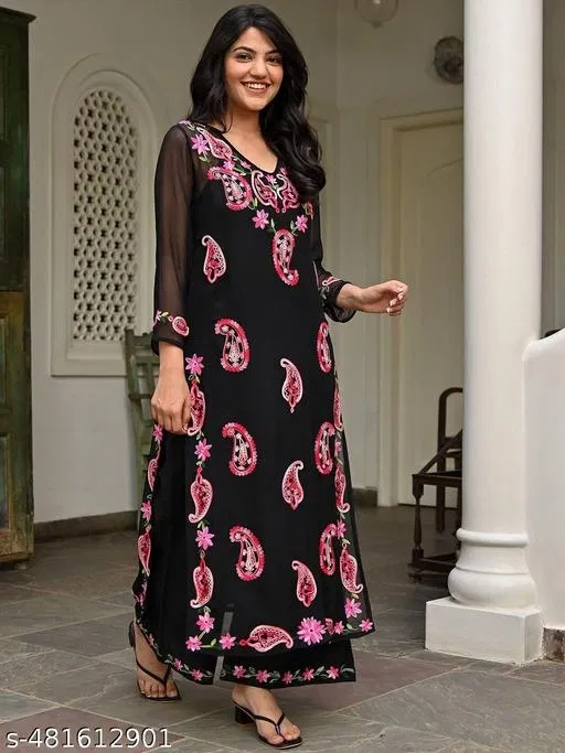 Georgette Printed Kurta & Paint Set For Womens, Black (XXXL)