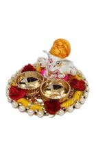 Metal Decorative Ganpati Haldi Kumkum Stand with 2 Roli Chawal Holder, Multicolor