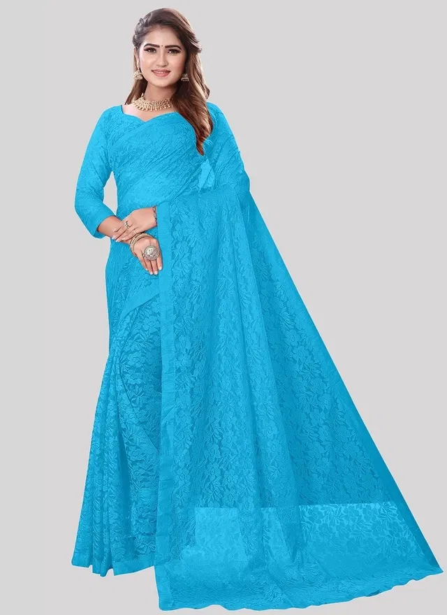 Net Floral Saree for Women (Aqua Blue, 6.3 m)