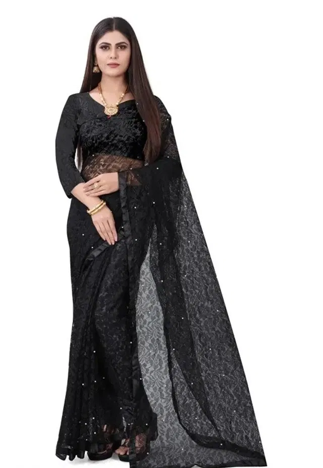 Net Solid Saree for Women (Black, 6.3 m)