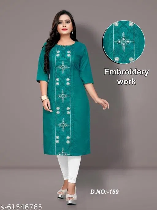 Floral Embroidered Cotton Kurti for Women (Green, XXXL)