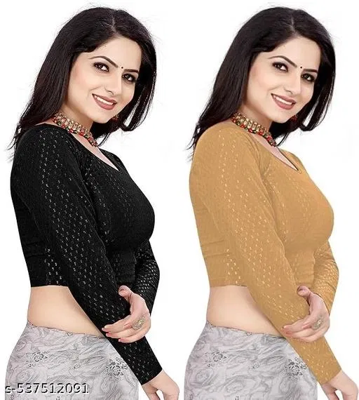 Lycra Ready Made Blouse for Women, Black & Yellow, Pack of 2 (30)