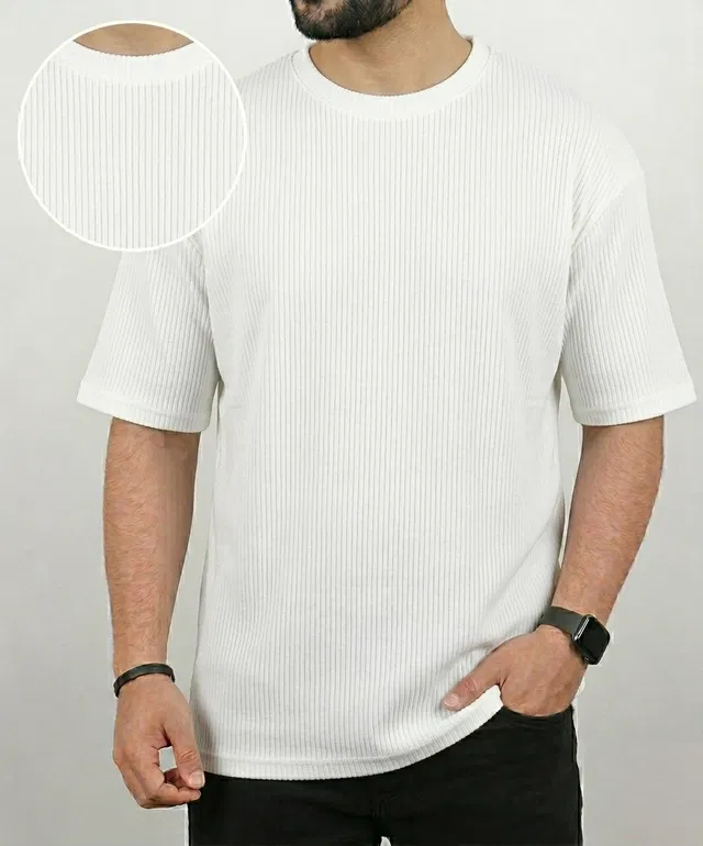 Polyester Round Neck T-shirt for Men, White (L)