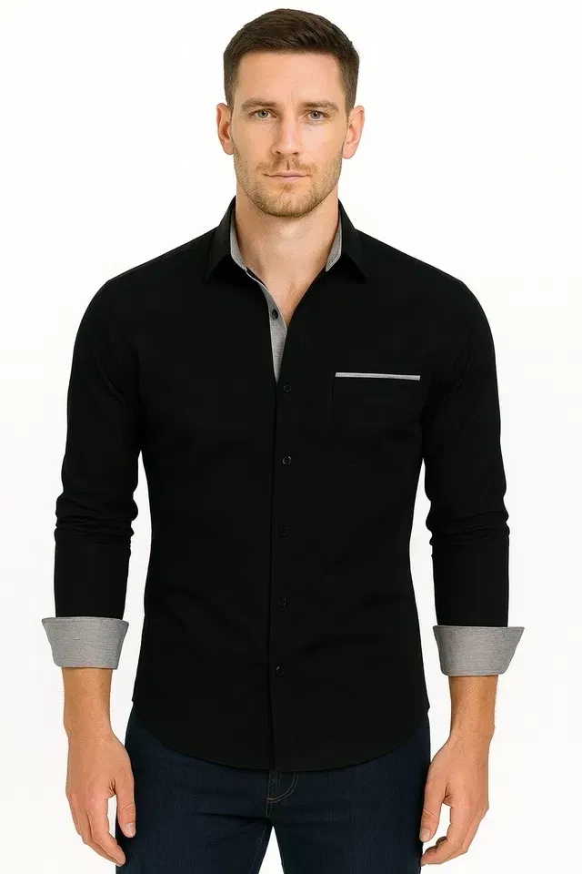 Men's Solid Full Sleeve Shirt (Black, M)