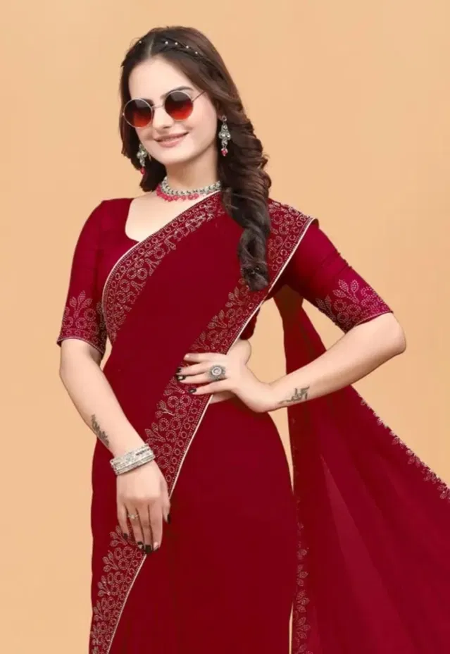 Georgette Embellished Saree for Women (Maroon, 6.3 m)