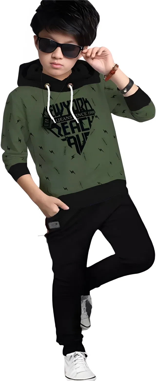 Cotton Blend Clothing Set for Boys (Olive & Black, 14-15 Years)