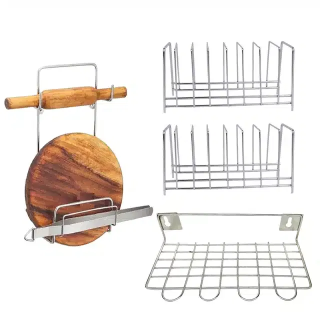2 Pcs Stainless Steel Plate Stand & Utensil Holder with Chakla Belan Stand (Set of 4, Silver)