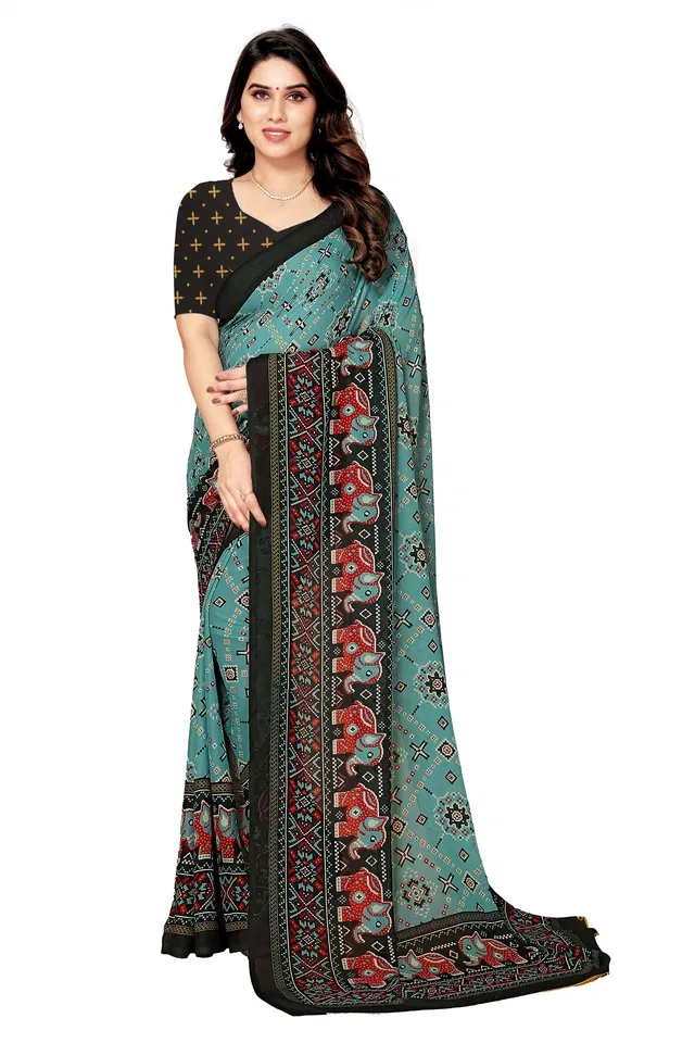 Georgette Printed Saree for Women (Light Blue, 6.3 m)
