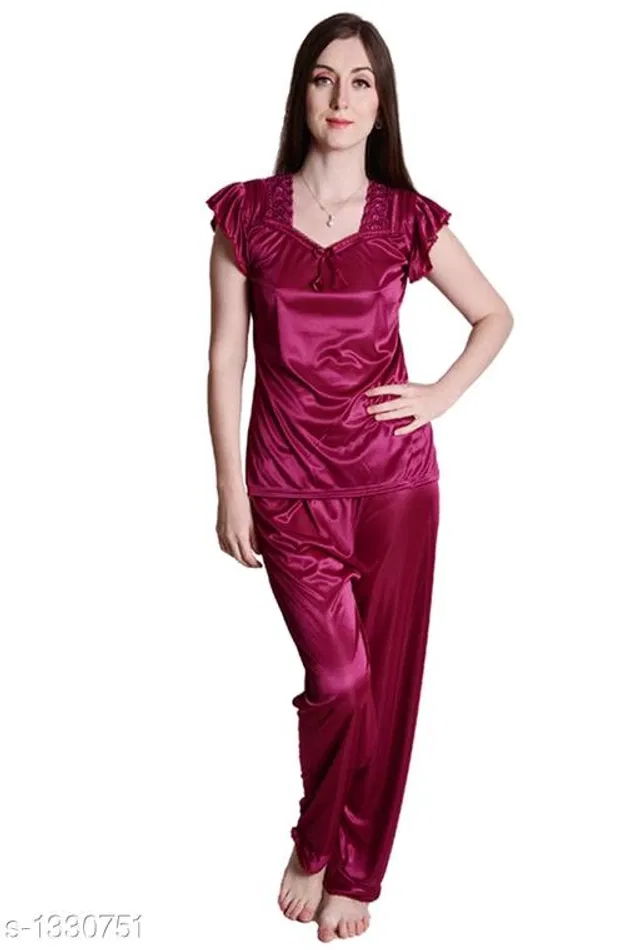 Satin Nightsuit Set for Women (Purple, M)