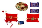 Combo of 2 Pcs Rakhi, 4.5 inch Plate, Greeting Card, Roli Chawal & 2 Pcs Chocolate 
