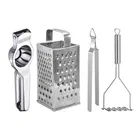 Oc9 Stainless Steel Lemon Squeezer & 4 in 1 Grater Or Slicer & Roti Chimta & Potato Masher Kitchen Tool Set 