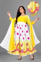 Jute Silk Printed Anarkali Kurti with Dupatta for Women (Yellow & White, S)