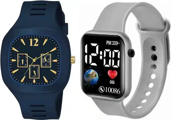 Analog with Smartwatch Combo for Men (Blue & Grey, Pack of 2)