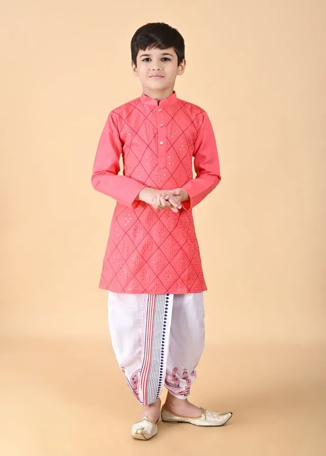 Cotton Blend Embellished Kurta with Dhoti for Boys, Pink & White (6-7 Years)