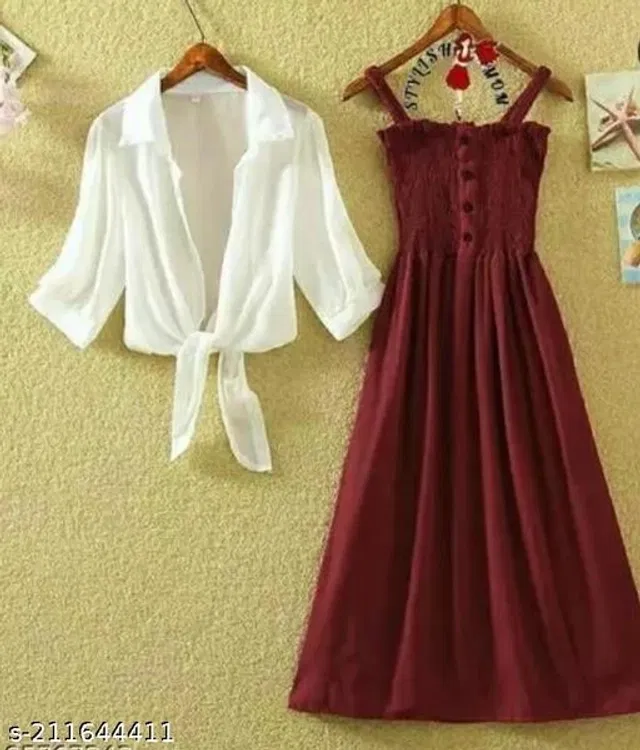 Poly Crepe Dress for Women (Maroon & White, XL)