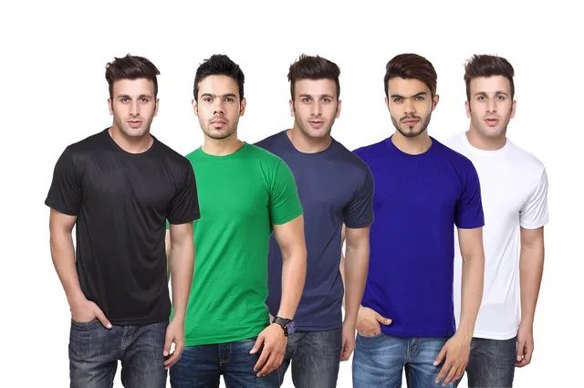 Round Neck Solid Polyester T-shirts for Men, Pack of 5 (Multi, XXL)